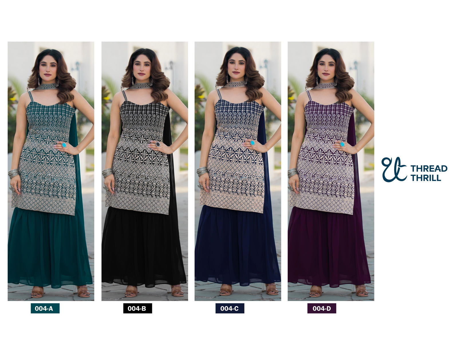 Tt 004 A to D Chinon Embroidery Readymade Suits Suppliers In India